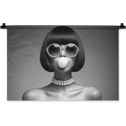 Vrouw - Zwart Wit - Ketting - Zonnebril Wandkleed katoen klein -zz3d