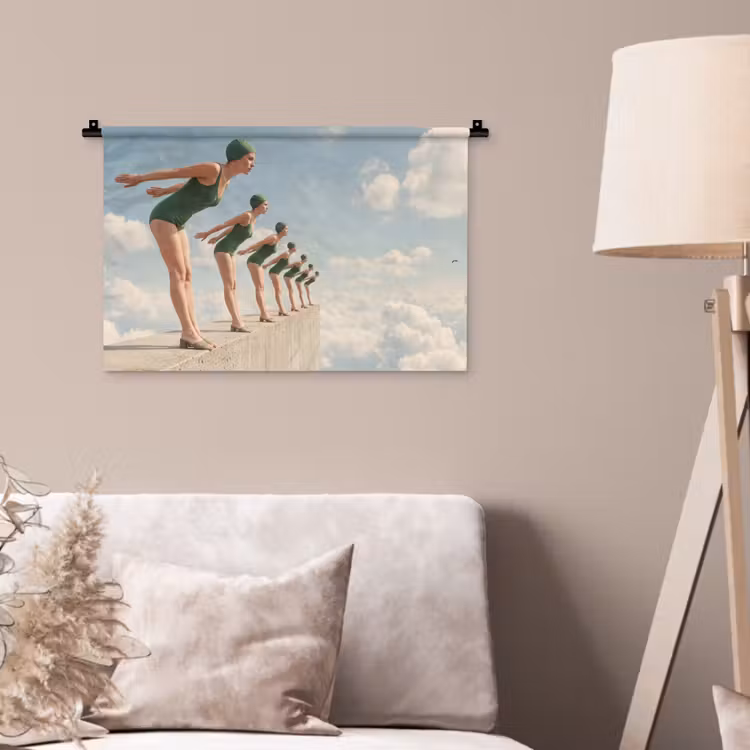 Wandkleed - Vrouwen - Duikhouding - Wolken - Vrouwen - Duikhouding - Wolken Wandkleed katoen klein