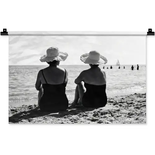 Vrouwen - Zonnehoed - Strand - Zwart - Wit Wandkleed katoen klein -zz3d