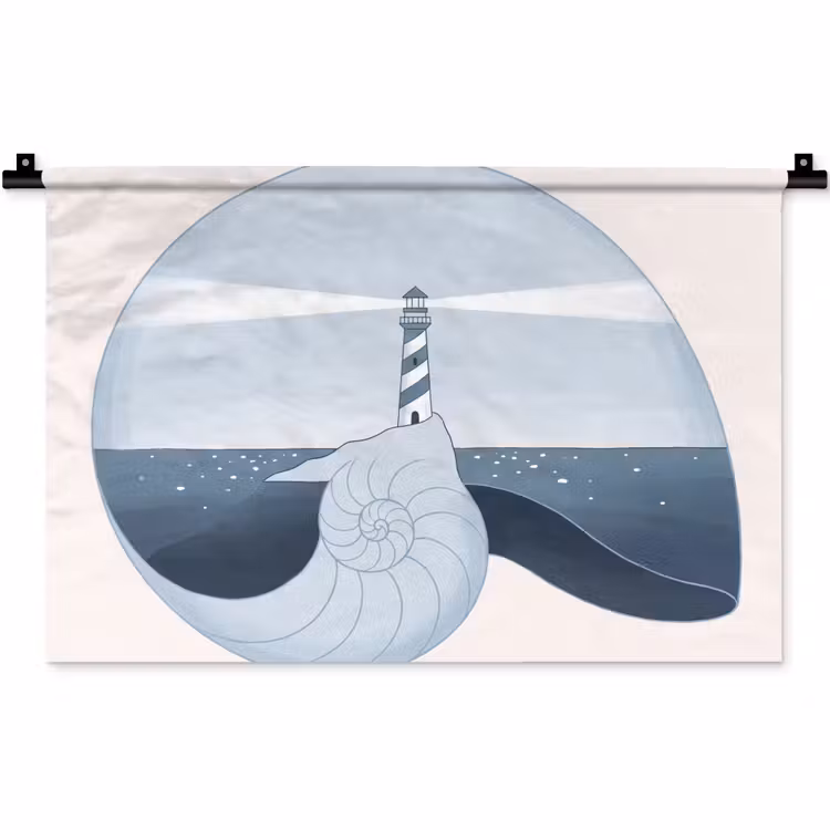 Vuurtoren - Zee - Schelp - Abstract - Blauw Wandkleed katoen klein -zz3d
