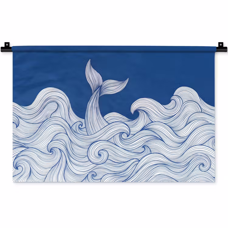 Walvis - Staart - Golven - Lijntekening - Blauw Wandkleed katoen klein -zz3d