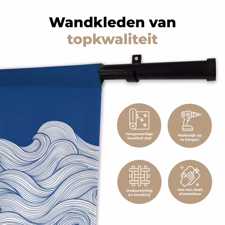 Walvis - Staart - Golven - Lijntekening - Blauw Wandkleed katoen klein -sfeer2