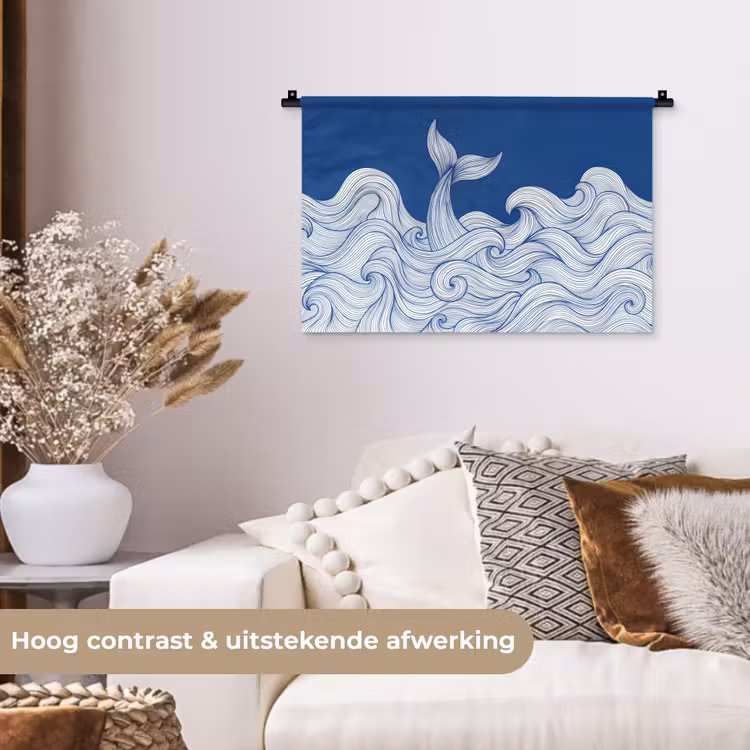 Walvis - Staart - Golven - Lijntekening - Blauw Wandkleed katoen klein -sfeer1