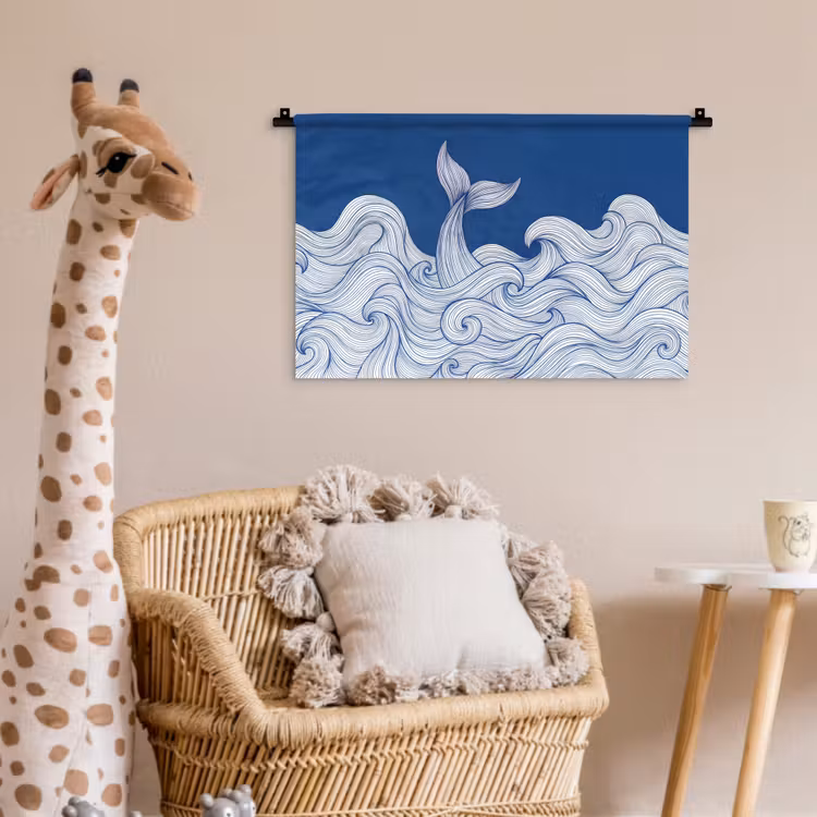 Walvis - Staart - Golven - Lijntekening - Blauw Wandkleed katoen klein -wsfeer5_kind