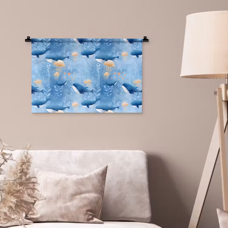 Walvissen - Oceaan - Blauw Wandkleed katoen klein 269 -sfeer4