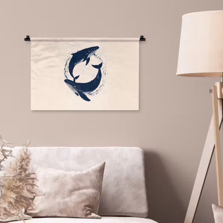 Walvissen - Spetters - Cirkel - Donkerblauw Wandkleed katoen klein -sfeer4