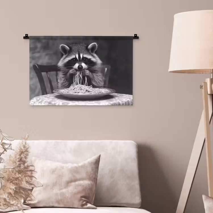 Wasbeer - Cute - Pasta - Tafelkleed - Zwart - Wit Wandkleed katoen klein -sfeer4