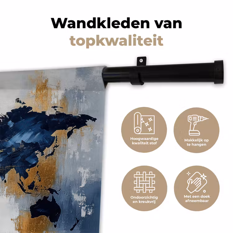Wereldkaart - Blauw - Abstract Wandkleed katoen klein -sfeer2
