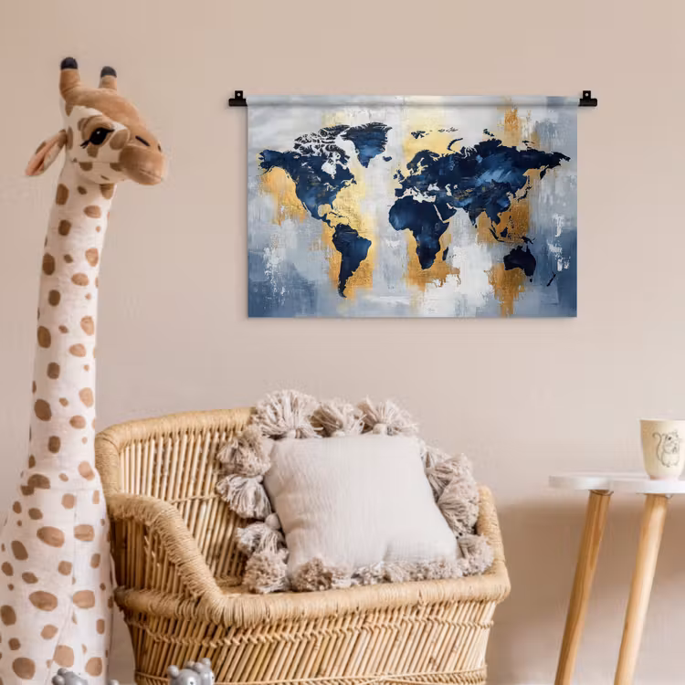 Wereldkaart - Blauw - Abstract Wandkleed katoen klein -wsfeer5_kind