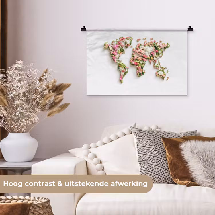 Wereldkaart - Bloemen - Subtiel Wandkleed katoen klein -sfeer1