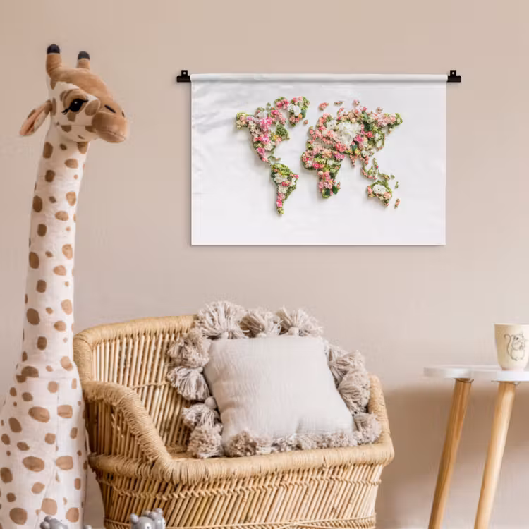 Wereldkaart - Bloemen - Subtiel Wandkleed katoen klein -wsfeer5_kind