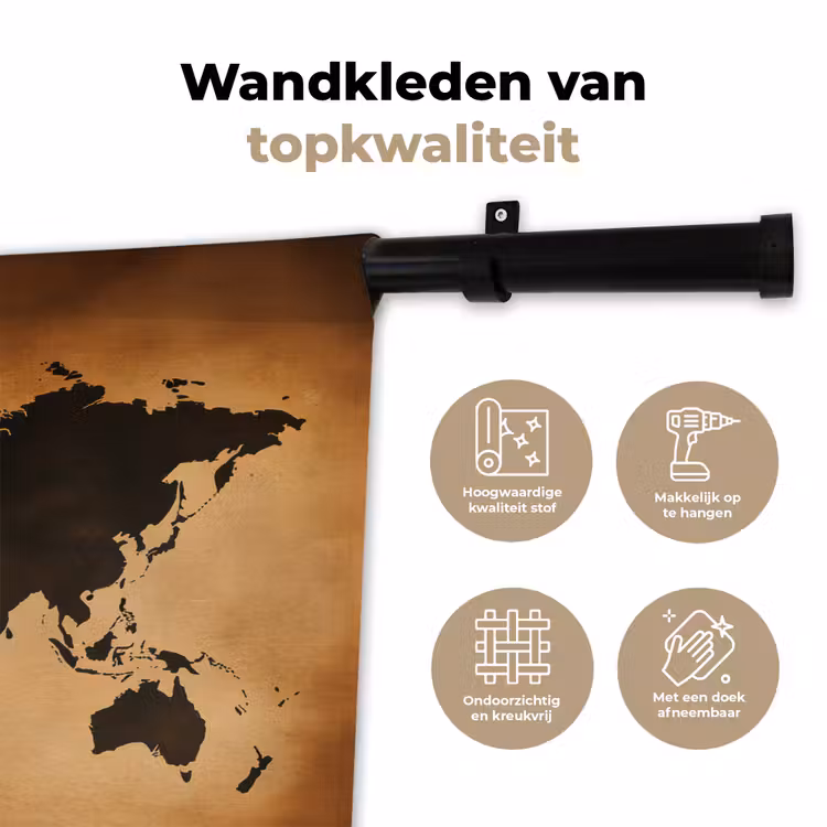 Wereldkaart - Bruin - Kaart Wandkleed katoen klein -sfeer2