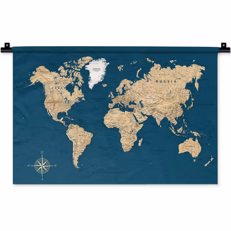 Wereldkaart - Donkerblauw - Beige Wandkleed katoen klein -zz3d