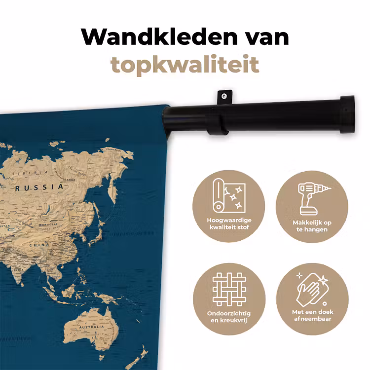 Wereldkaart - Donkerblauw - Beige Wandkleed katoen klein -sfeer2