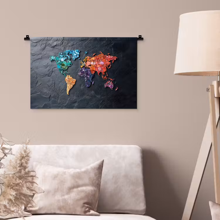 Wereldkaart - Edelstenen - Regenboog - Ruw Wandkleed katoen klein -sfeer4