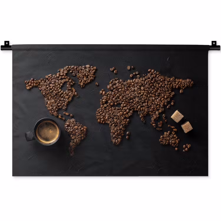 Wereldkaart - Espresso - Zwart Wandkleed katoen klein -zz3d
