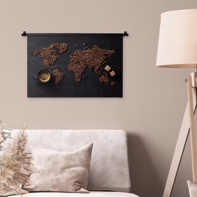 Wereldkaart - Espresso - Zwart Wandkleed katoen klein -sfeer4