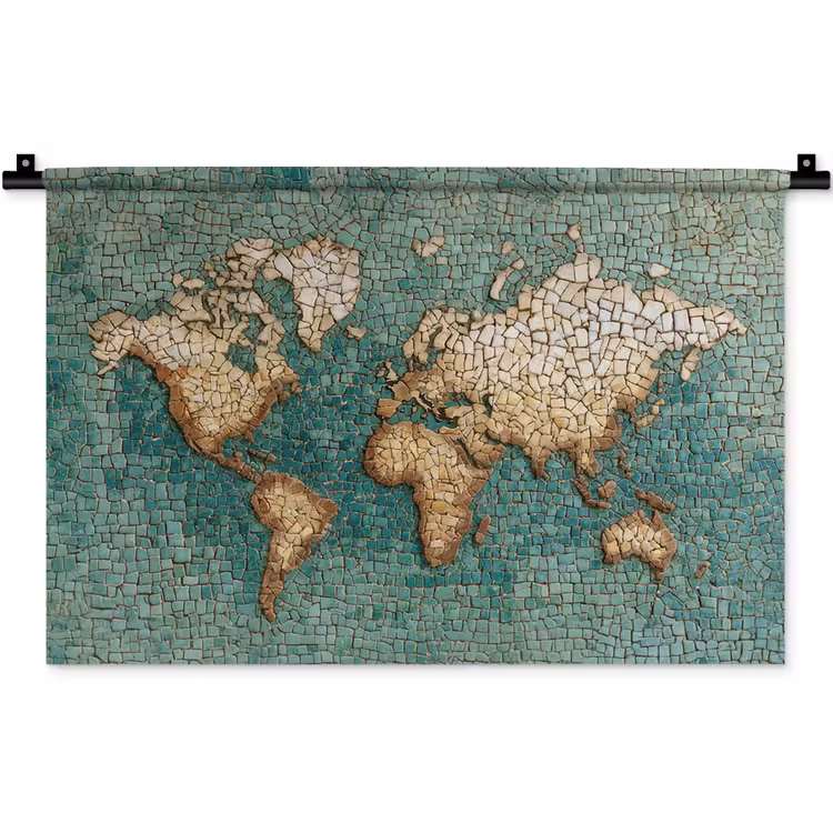 Wereldkaart - Gebroken tegels - Mozaïek Wandkleed katoen klein -zz3d
