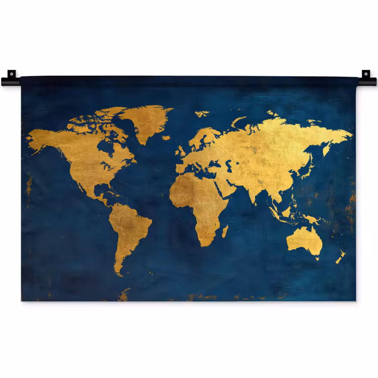 Wereldkaart - Goud - Donkerblauw Wandkleed katoen klein -zz3d