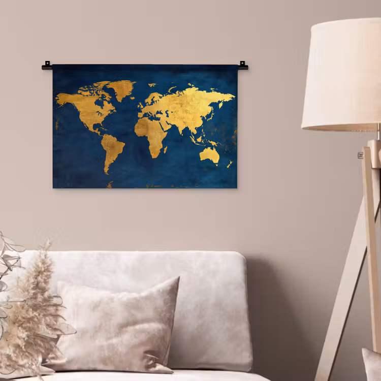 Wereldkaart - Goud - Donkerblauw Wandkleed katoen klein -sfeer4