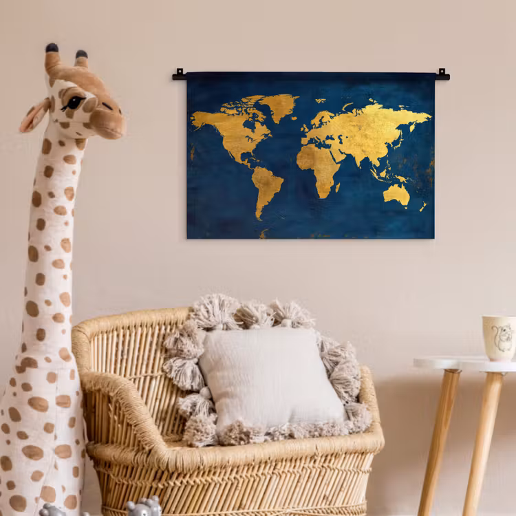 Wereldkaart - Goud - Donkerblauw Wandkleed katoen klein -wsfeer5_kind