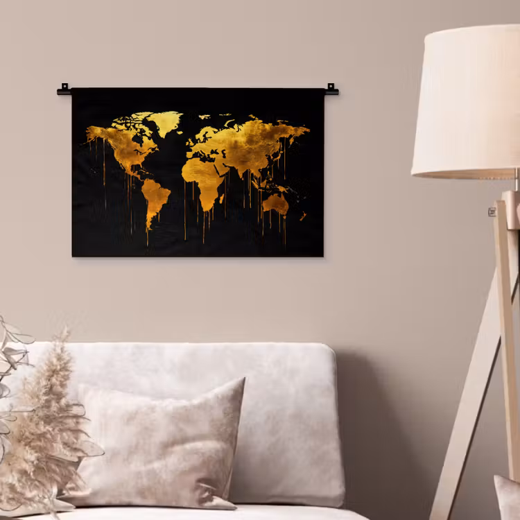 Wereldkaart - Goud - Druipen - Zwart Wandkleed katoen klein -sfeer4