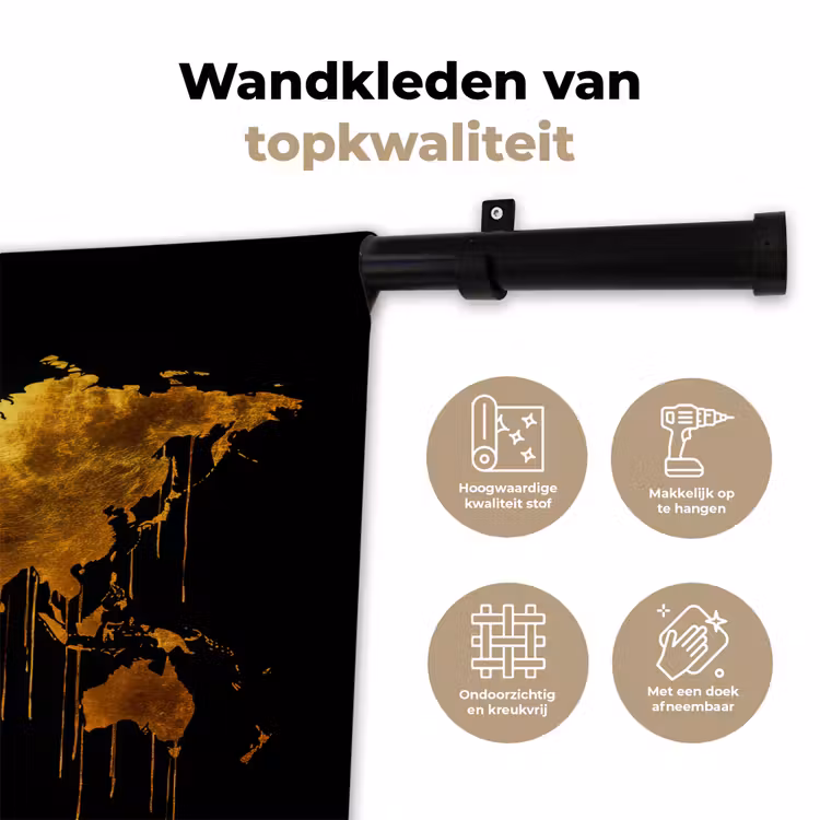 Wereldkaart - Goud - Druipen - Zwart Wandkleed katoen klein -sfeer2