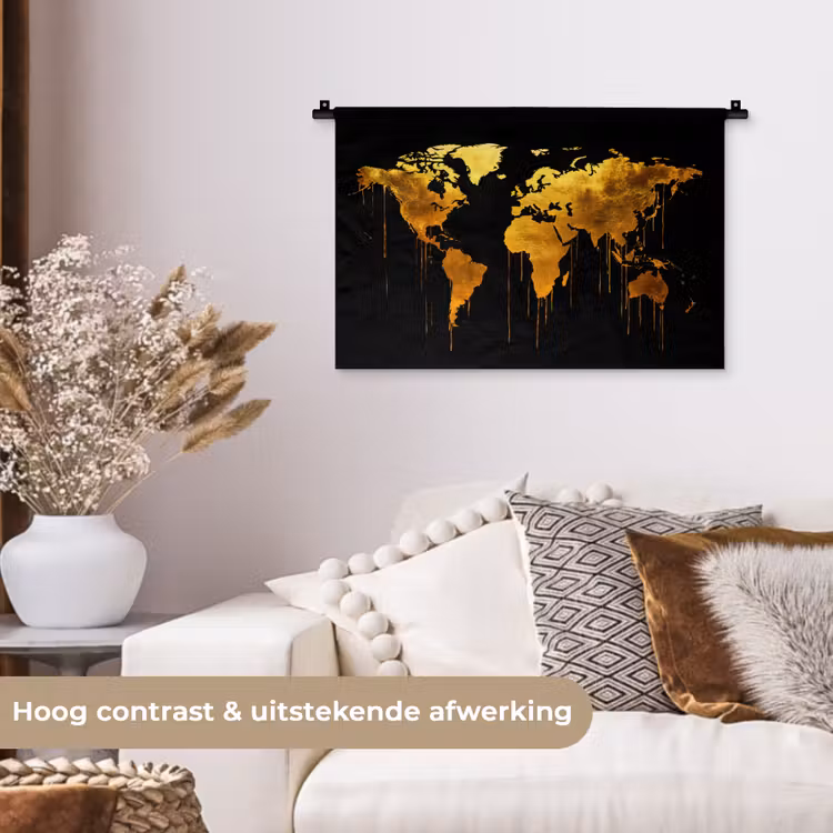 Wereldkaart - Goud - Druipen - Zwart Wandkleed katoen klein -sfeer1