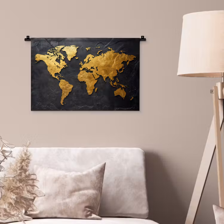 Wereldkaart - Goud - Steen Wandkleed katoen klein -sfeer4