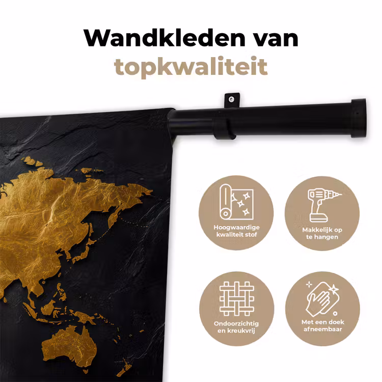 Wereldkaart - Goud - Steen Wandkleed katoen klein -sfeer2