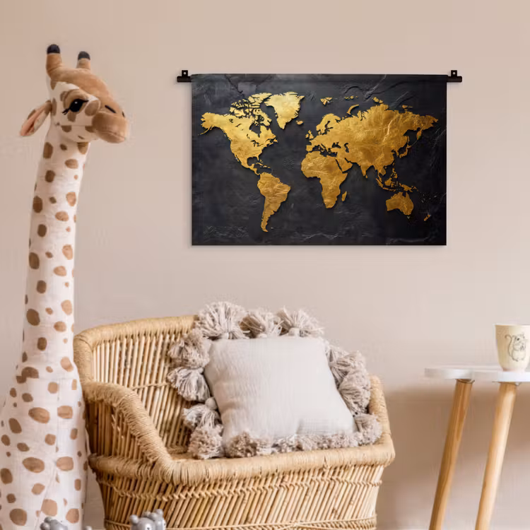 Wereldkaart - Goud - Steen Wandkleed katoen klein -wsfeer5_kind