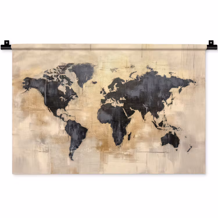 Wereldkaart - Goud - Zwart - Abstract Wandkleed katoen klein -zz3d