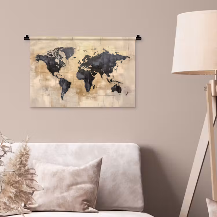 Wereldkaart - Goud - Zwart - Abstract Wandkleed katoen klein -sfeer4