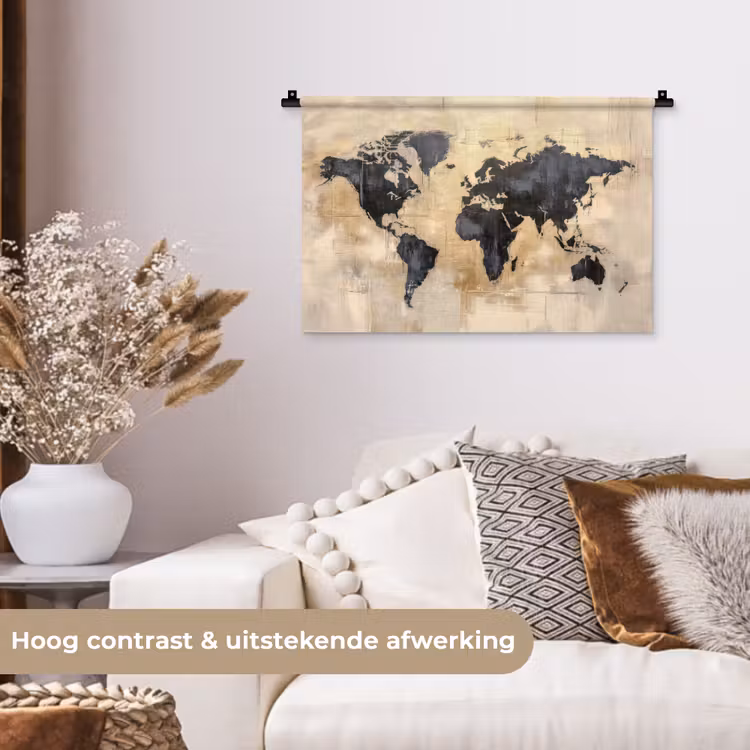 Wereldkaart - Goud - Zwart - Abstract Wandkleed katoen klein -sfeer1