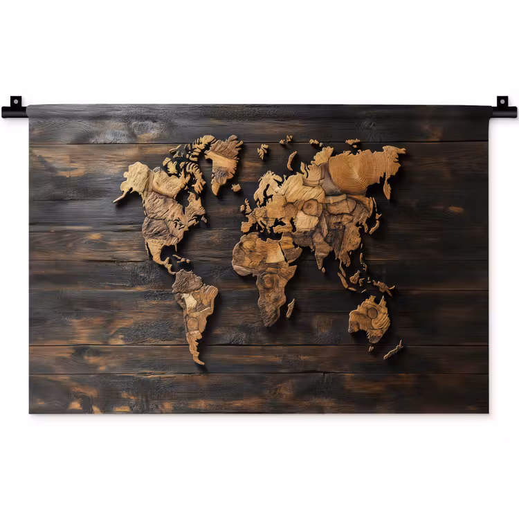 Wereldkaart - Hout - Mozaïek Wandkleed katoen klein -zz3d