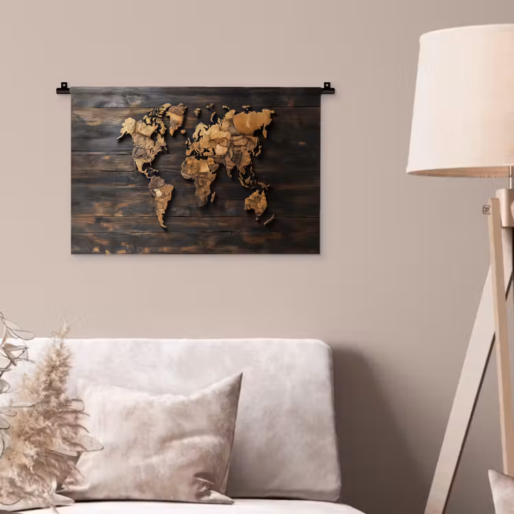 Wereldkaart - Hout - Mozaïek Wandkleed katoen klein -sfeer4