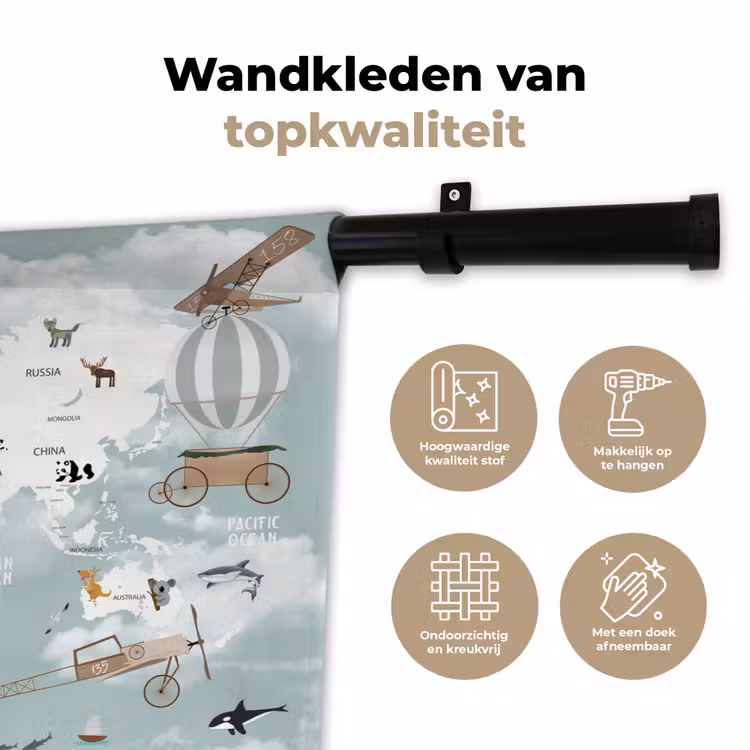 Wereldkaart - Kind - Vliegtuig Wandkleed katoen klein -sfeer2