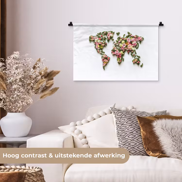 Wereldkaart - Kleurrijk - Bloemen - Lente Wandkleed katoen klein -sfeer1