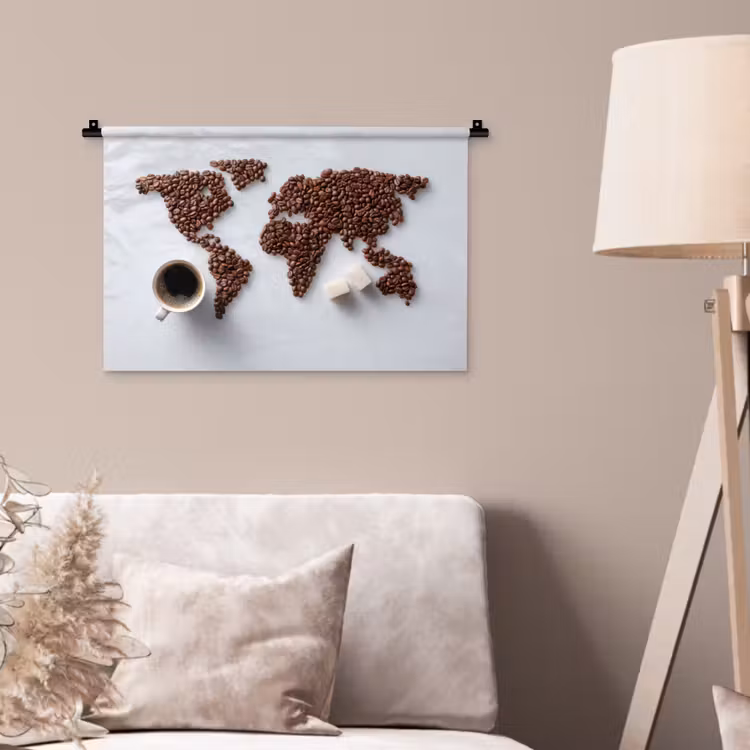 Wereldkaart - Koffiebonen - Suikerklontjes Wandkleed katoen klein -sfeer4