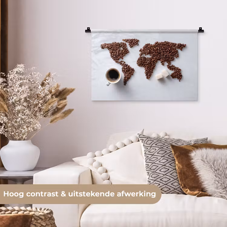 Wereldkaart - Koffiebonen - Suikerklontjes Wandkleed katoen klein -sfeer1