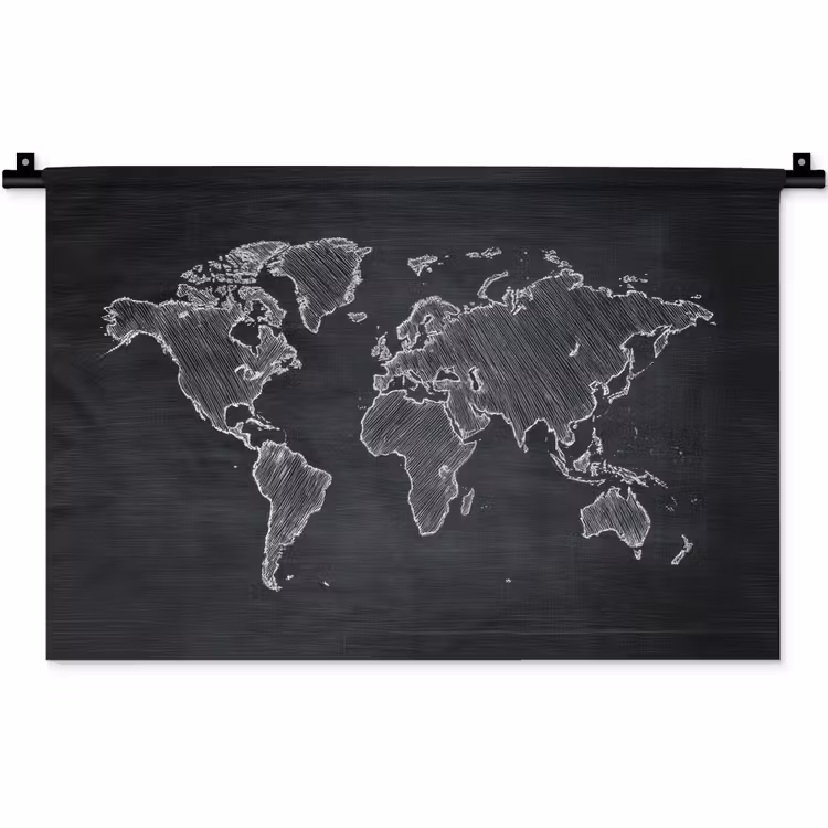 Wereldkaart - Krijt - Zwart - minimalistisch Wandkleed katoen klein -zz3d