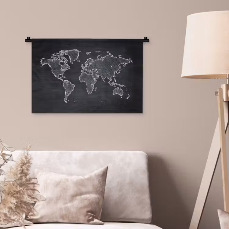 Wereldkaart - Krijt - Zwart - minimalistisch Wandkleed katoen klein -sfeer4