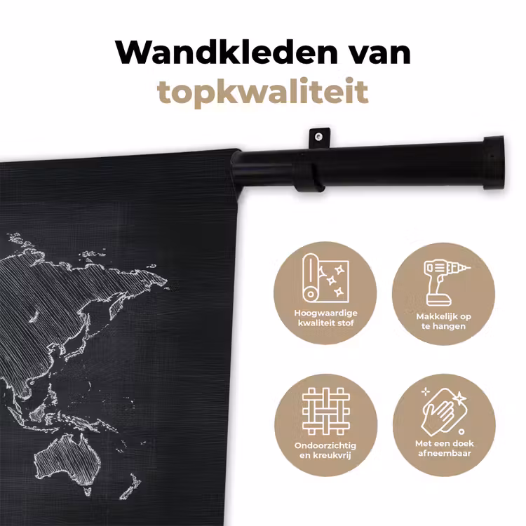 Wereldkaart - Krijt - Zwart - minimalistisch Wandkleed katoen klein -sfeer2