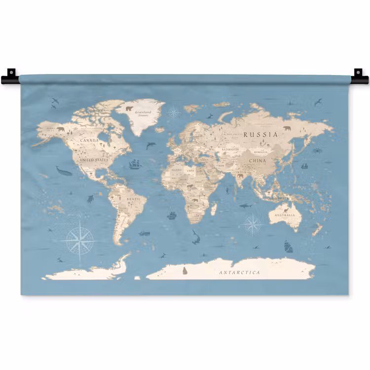 Wereldkaart - Oceaan - Realistisch - Blauw Wandkleed katoen klein -zz3d