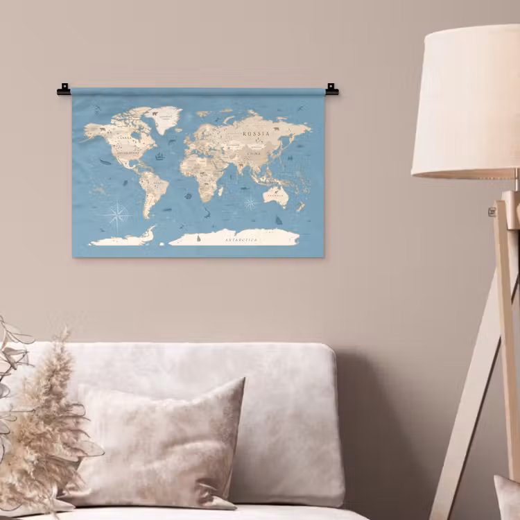 Wereldkaart - Oceaan - Realistisch - Blauw Wandkleed katoen klein -sfeer4