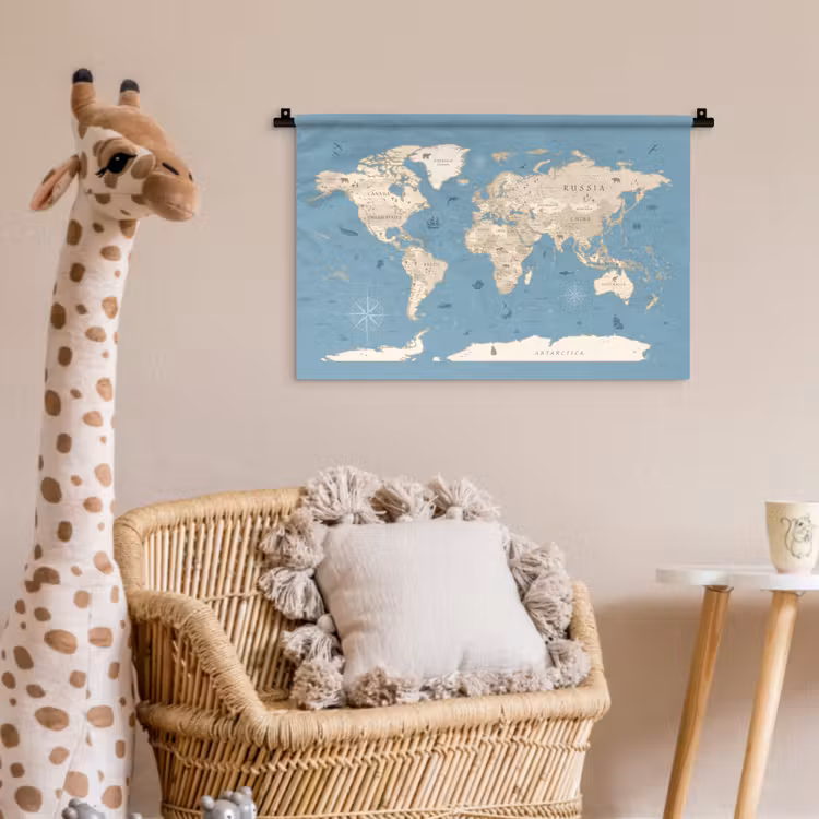 Wereldkaart - Oceaan - Realistisch - Blauw Wandkleed katoen klein -wsfeer5_kind