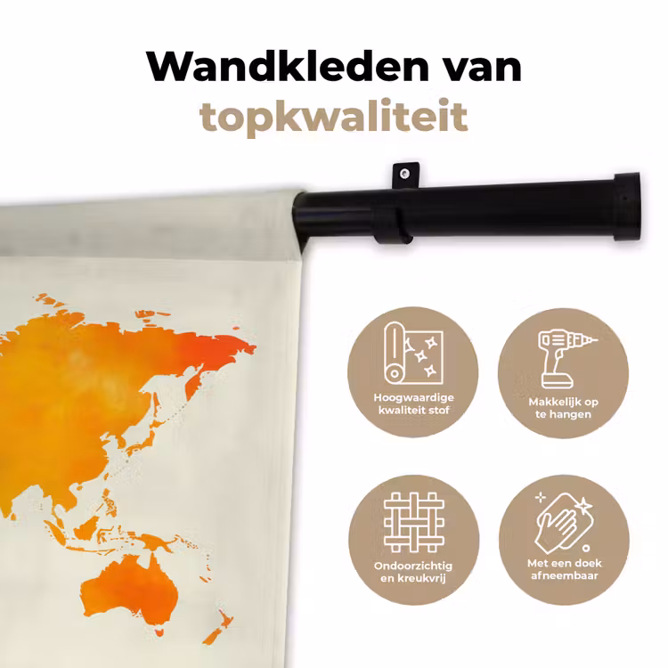 Wereldkaart - Oranje - Kleurrijk Wandkleed katoen klein -sfeer2
