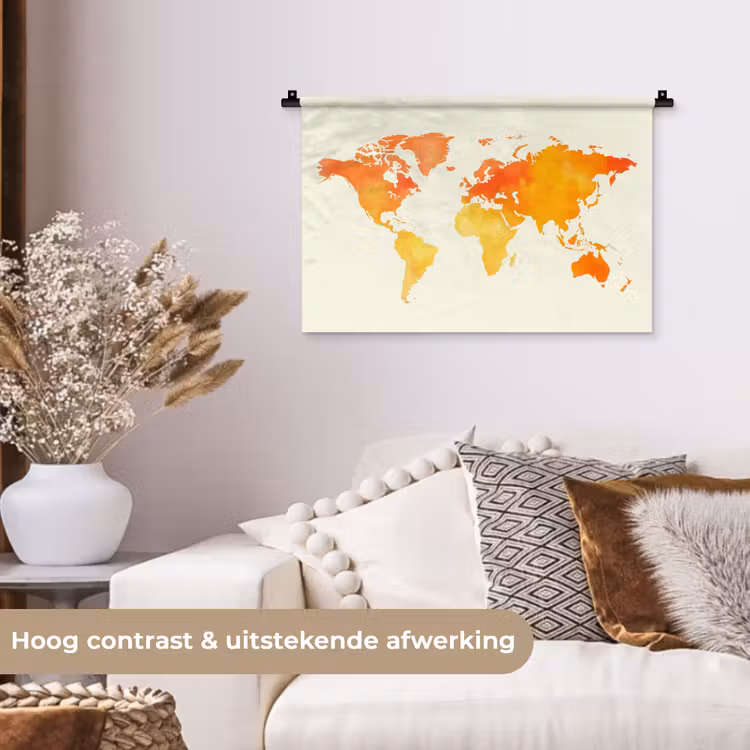 Wereldkaart - Oranje - Kleurrijk Wandkleed katoen klein -sfeer1