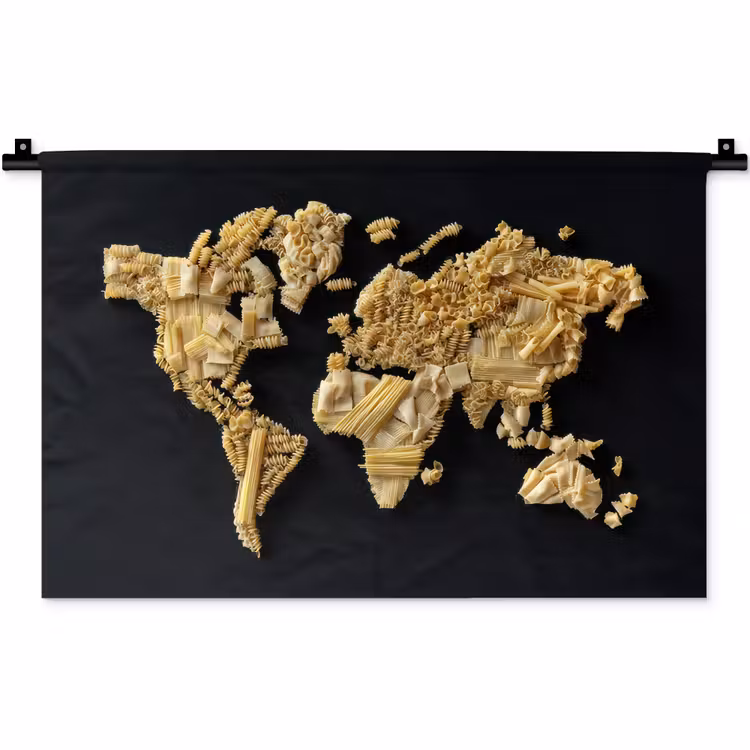 Wereldkaart - Pasta - Zwart Wandkleed katoen klein -zz3d