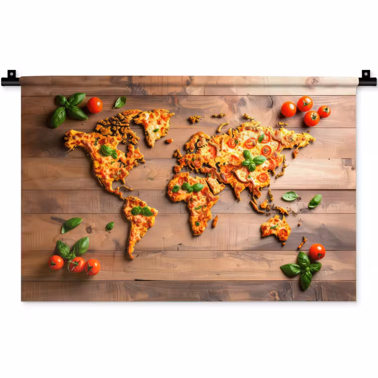 Wereldkaart - Pizza - Houten ondergrond Wandkleed katoen klein -zz3d